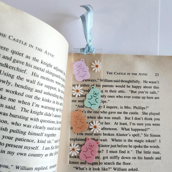 Gummy Bear Print Funny Bookmark Ribbon Bow Clear Acrylic Coquette Bookish Gift - Picture 8 of 13
